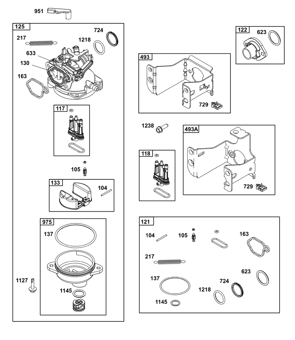 Carburetor Group Diagram and Parts List for 100000 - 19Z999 Briggs and Stratton Engine